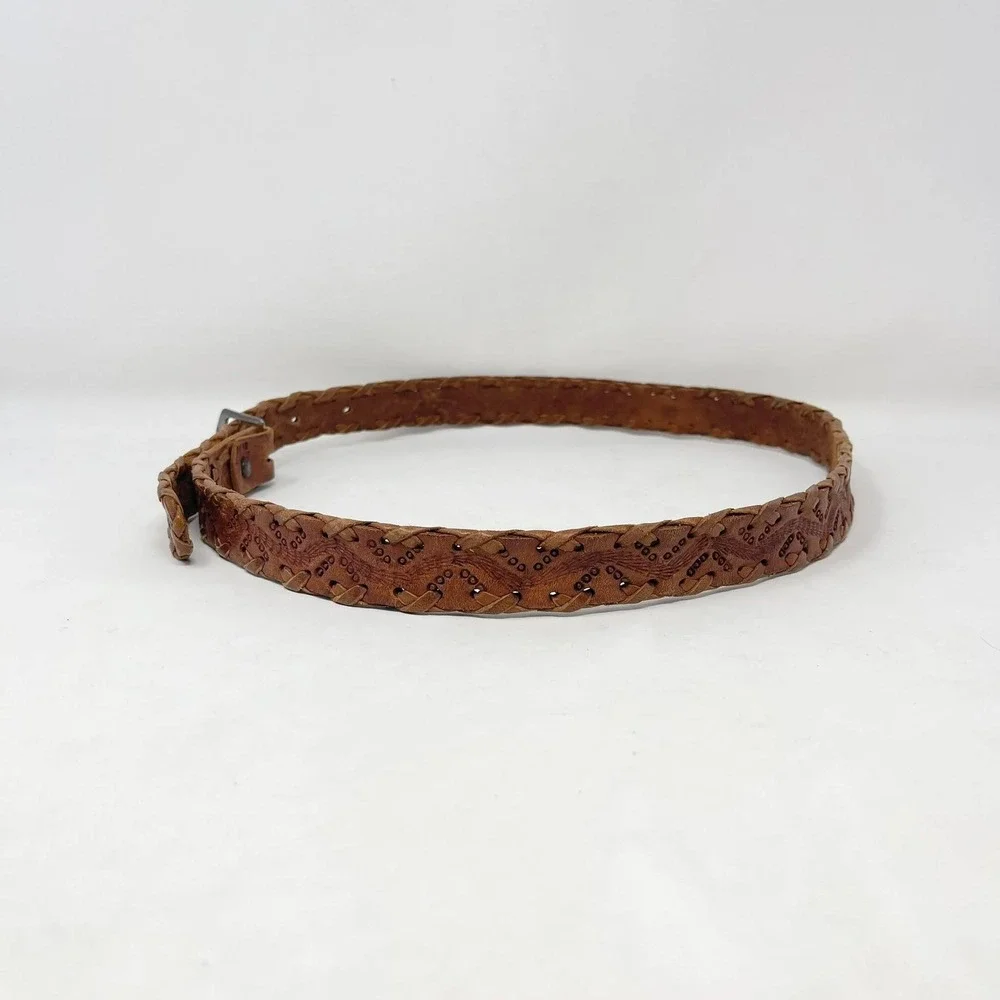 VTG Hand Tooled Leather Belt Wms 34 Brown Silver Buckle Made in Mexico Western